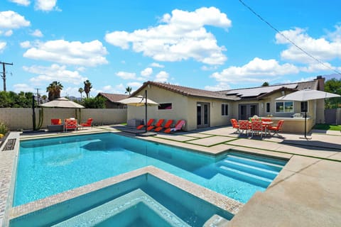 Pristine backyard oasis featuring a sparkling custom pool, expansive concrete paver decking, and premium chaise loungers.