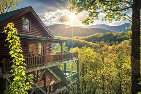 Multi-level decks suspended over the mountain forest — this cabin's outdoor spaces are as dramatic as the views they frame, glowing in the evening light.