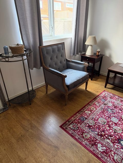 Living room has a chair and a sofa and tv and dinning table 