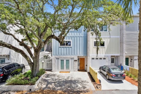 Modern coastal townhome exterior featuring contemporary design with blue and white paneling, shaded by mature oak trees in a peaceful residential setting.