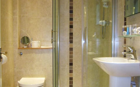 Shower, free toiletries, hair dryer, towels