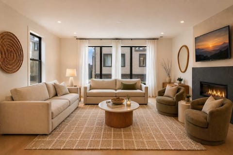 Living Room: Unwind in this spacious and stylish living area with comfortable sofas, warm lighting, and elegant touches throughout. Whether you’re reading, streaming your favorite shows, or simply relaxing, this space offers comfort and calm.