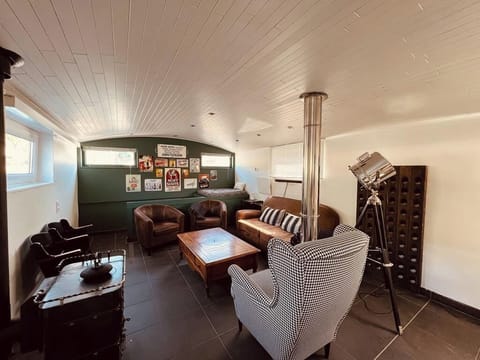 Salon équipé d'un projecteur et d'un feu de bois