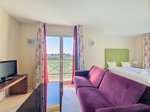 Studio with two single beds, purple sofa, TV, and large windows with floral curtains looking onto garden