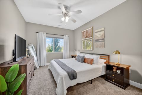 Bright, cozy bedroom with TV, natural light, and stylish decor