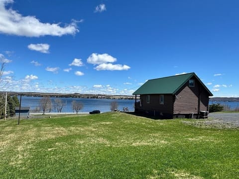 Exterior | Log Cabin Design & Green Metal Roof | Open Lakeside Landscape