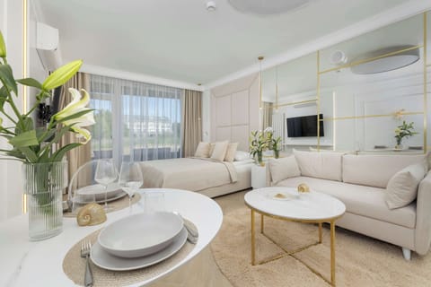 Bright and elegant studio apartment with a comfortable living area, modern furnishings, and plenty of natural light.