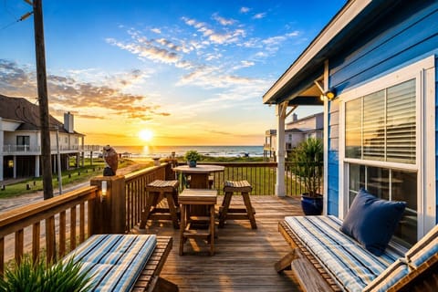 Coastal deck at sunset glow