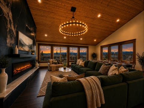 Relax beneath soaring wood ceilings with panoramic Rocky Mountain views, an oversized sectional, cozy fireplace, and stunning sunsets. The perfect space to gather, unwind, and create lifelong memories together.