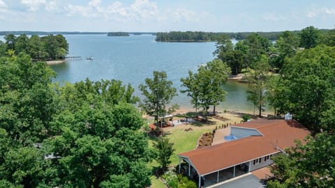 Beautiful drone shot of the view of the lake from the back deck.
