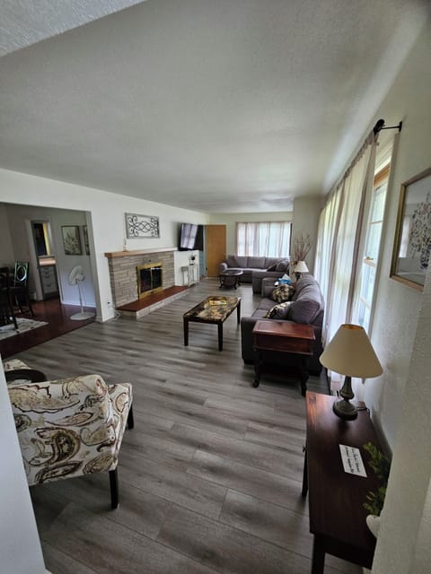 brick fireplace (non-functional), couches, living area, television