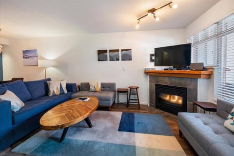 Bright open living room with 46" TV and gas fireplace