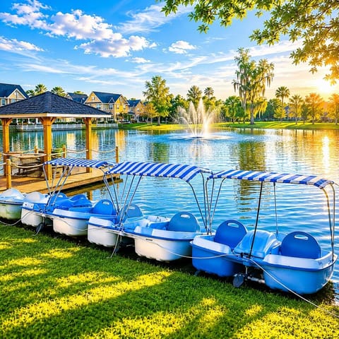 Enjoy peaceful mornings and sunset views by the scenic community lake