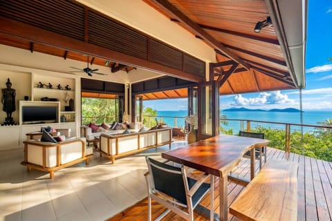 Luxury dining pavilion in Koh Samui vacation rental with teak ceilings ocean views and island breeze