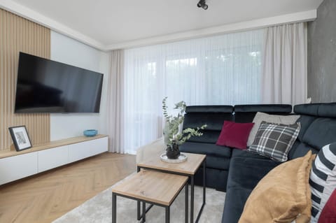 A modern living room features a dark sofa adorned with colorful cushions, positioned across from a wall-mounted flat-screen TV. A sleek wooden media console sits underneath the television, and light gray drapery frames the large window.