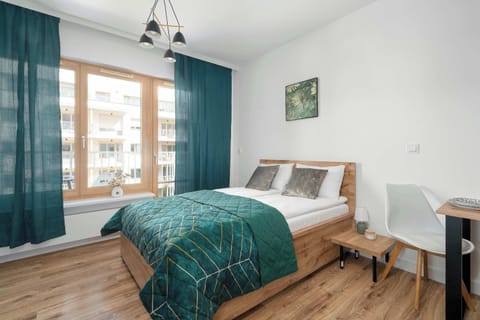 Bright studio living and sleeping area with large windows and modern décor.