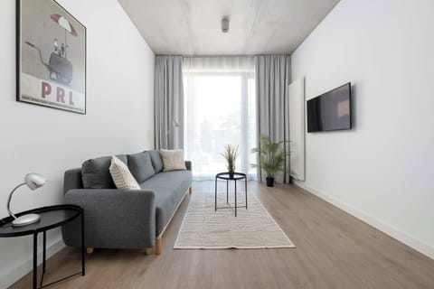 A bright living room features a gray sofa facing a wall-mounted television, with floor-to-ceiling windows bringing in abundant natural light. Minimal furnishings create a clean and modern atmosphere.