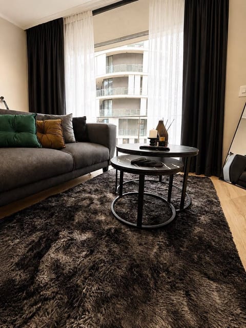 Modern lounge with plush seating, soft rug, and bright floor-to-ceiling windows