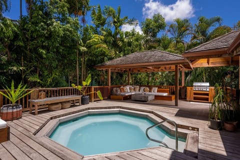 Spacious and zen plunge pool deck equipped with BBQ and sun loungers