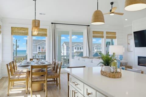 Open and airy living, kitchen and dining with great ocean views.