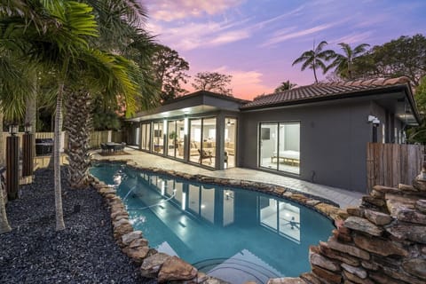 Modern home exterior featuring a custom rock-lined swimming pool, palm trees, and large sliding glass doors