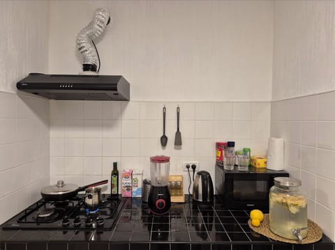 Mini-fridge, microwave, oven, stovetop