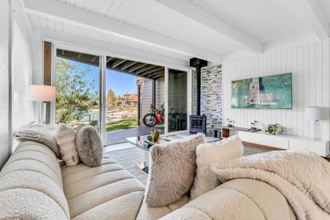 Living room: Standalone gas fireplace, TCL 4K QLED Smart TV, balcony access