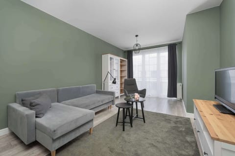 A spacious living area is decorated with muted sage green walls and features a comfortable gray corner sofa. A dark green rug spans the floor, leading toward a glass door that opens to the outside.