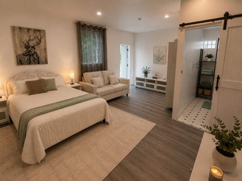 Bright, stylish suite with cozy seating and a modern barn-door bathroom