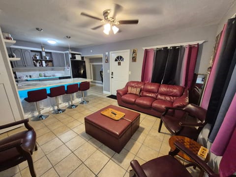 full kitchen, climate control, couch, refrigerator, living area, dining area
