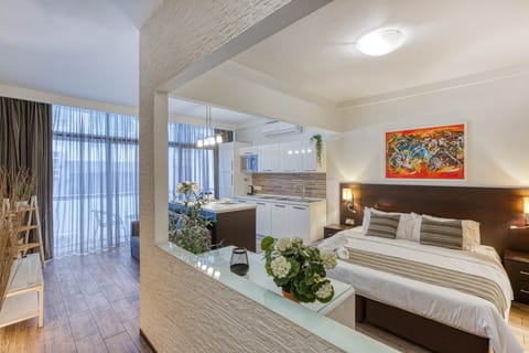 Bright open-plan studio with fully equipped kitchenette and dining space