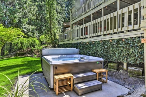 Patio | Hot Tub | Deck Access & Lush Garden Views
