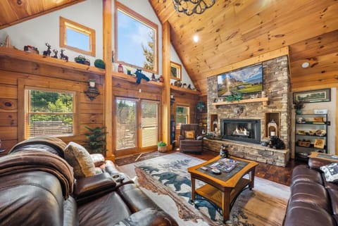 Great Room, Stacked-Stone Fire Place, Wall of Windows, Leather Seating