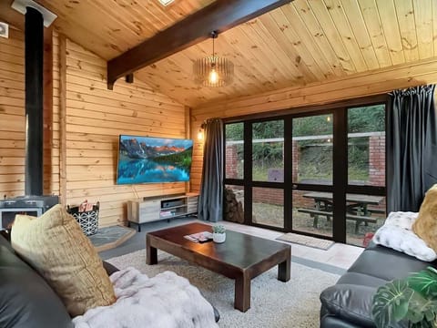 Warm timber living room with wood fireplace
