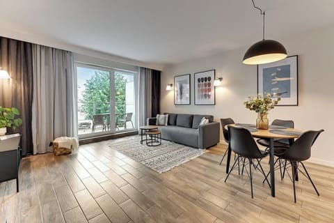 Jasny salon wyposażony jest w wygodną, rozkładaną sofę z funkcją spania oraz telewizor z telewizją naziemną – idealne miejsce na wieczorny relaks.