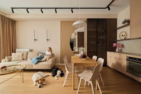 Salon stanowi centralną część apartamentu. Znajduje się tu wygodna, jasna sofa z funkcją spania, idealna jako dodatkowe miejsce noclegowe. Naprzeciwko ustawiono telewizor z płaskim ekranem, zapewniający komfortowy relaks po dniu pełnym wrażeń.