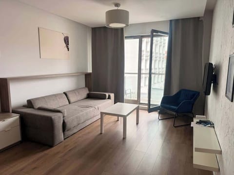 Przestronny salon oferuje wygodną rozkładaną sofę, stolik kawowy, telewizor z kanałami kablowymi oraz stylowy fotel w rogu. Duże okna zapewniają naturalne światło i przyjemną atmosferę.