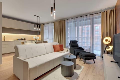 Rozkładana sofa znajduje się naprzeciwko dużego telewizora Smart TV z dostępem do kanałów telewizyjnych. Przedpokój wyposażono w pojemną szafę, która pomieści odzież, walizki oraz wszystkie niezbędne rzeczy, dbając o wygodę dłuższych pobytów.