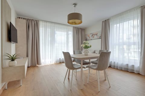Przestronny i jasny salon stanowi centralną część apartamentu. Znajduje się w nim wygodna, rozkładana sofa zapewniająca dodatkowe miejsce do spania, a naprzeciwko ustawiono telewizor z telewizją naziemną oraz funkcją Smart TV. 