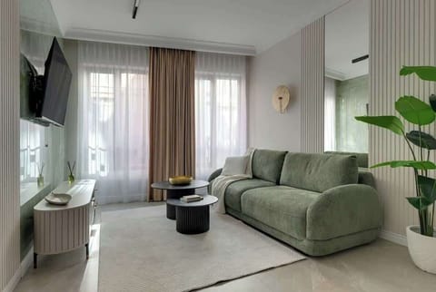Przestronny i jasny salon wyposażony w wygodną, rozkładaną sofę oraz telewizor, idealny do wieczornego relaksu. Duże okna wpuszczają mnóstwo naturalnego światła, tworząc przytulną atmosferę.