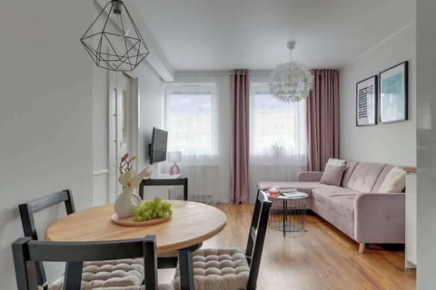 Centralnym punktem salonu jest rozkładana sofa oraz telewizor z funkcją Smart TV, a stonowana kolorystyka i nastrojowe oświetlenie podkreślają przytulny charakter wnętrza; w przedpokoju znajduje się pojemna szafa.