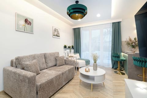 Relax in the stylish living area with a comfortable sofa and modern decor.