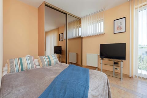 A bright studio apartment combines a sleeping area, dining table, and TV corner in one open space. Large windows with vertical blinds fill the room with natural light.