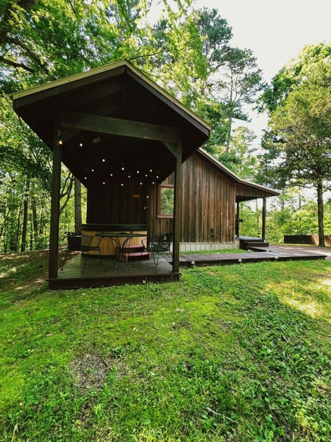 Charming cabin nestled in lush forest with covered porch, outdoor seating, and twinkling string lights—perfect for relaxing mornings and peaceful evenings surrounded by nature.