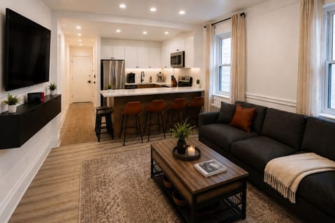 Modern open-concept living room & kitchen with bar seating for 4