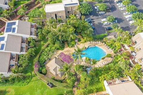 Aerial view showcases Maui Kamaole pool gardens and tropical grounds