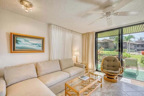 Living room with light from the lanai with a sofa bed for extra company and a flat screen tv.