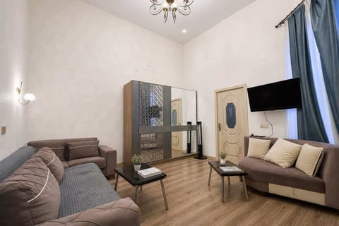Bright living area with seating, TV, storage, and high ceilings