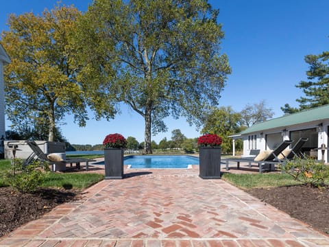 A brick walkway leads to a sparkling pool overlooking the lake, framed by mature trees and lounge chairs ready for sunny afternoons.