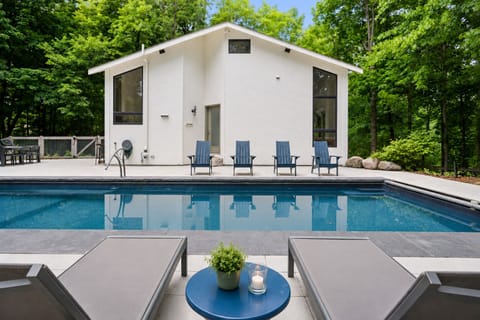 Contemporary home with salt water pool nestled in the trees